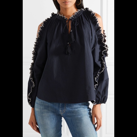 Ulla Johnson Blouse Blue Ruffle Embroidered Tassel - Picture 3 of 4